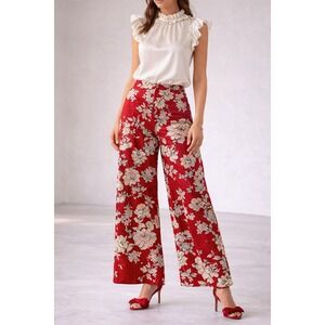 2/$30 Zara Pants Sz S Red Floral Wide Leg Satin Boho Elastic Waist Lightweight